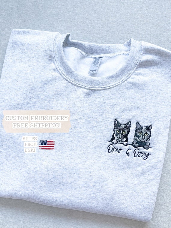 Custom Embroidered Cat Crewneck Sweatshirt Custom Cat Shirt