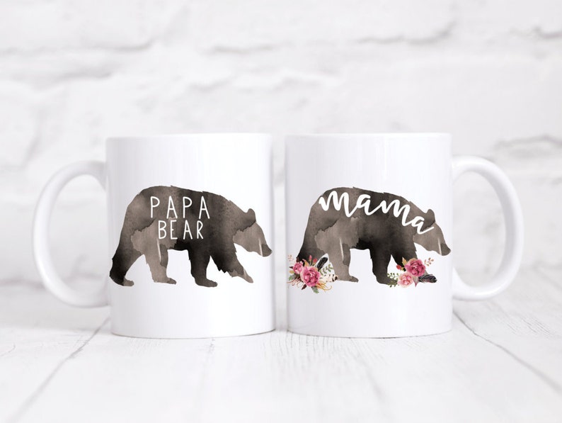 Mama & Papa bear mug SET. Set of TWO.New parent gift.Papa bear.Mama bear.Mom and Dad.Coffee mug.Mug.Coffee cup.DISHWASHER safe image 1