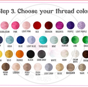Op de afbeelding: Afbeelding met een kleurenkaart met draadkleuropties. De tekst "Stap 3. Kies je draadkleur" staat bovenaan. De kleuren omvatten roze, rood, blauw, groen, geel en neutrale tinten, elk met hun naam.