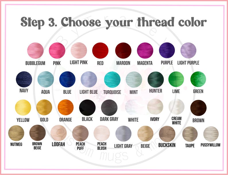 Op de afbeelding: Afbeelding met een kleurenkaart met draadkleuropties. De tekst "Stap 3. Kies je draadkleur" staat bovenaan. De kleuren omvatten roze, rood, blauw, groen, geel en neutrale tinten, elk met hun naam.