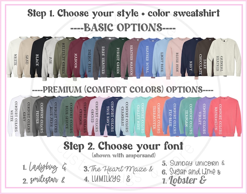Op de afbeelding: Afbeelding met sweatshirtkleur- en lettertypeopties. Basisopties zijn wit, zwart en marineblauw. Premium comfortkleuren zijn violet, zeegroen en watermeloen. Stap 2 toont lettertypekeuzes zoals Ladybug en Lobster.