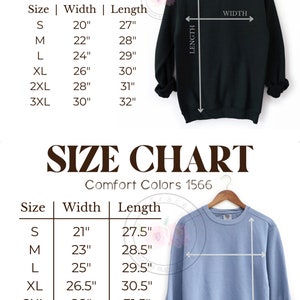 Puede incluir: Tablas de tallas para sudaderas unisex Gildan 18000 y Comfort Colors 1566. La tabla Gildan muestra tallas S-3XL con anchos de 51 cm a 76 cm y largos de 69 cm a 81 cm. La tabla Comfort Colors muestra tallas S-3XL con anchos de 53 cm a 75 cm y largos de 70 cm a 83 cm.