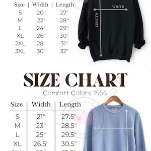 Op de afbeelding: Maattabellen voor unisex sweatshirts Gildan 18000 en Comfort Colors 1566. De Gildan-tabel toont maten S-3XL met breedtes van 51 cm tot 76 cm en lengtes van 69 cm tot 81 cm. De Comfort Colors-tabel toont maten S-3XL met breedtes van 53 cm tot 75 cm en lengtes van 70 cm tot 83 cm.
