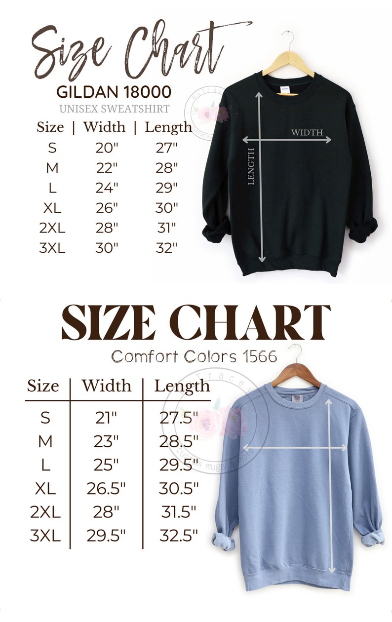 Op de afbeelding: Maattabellen voor unisex sweatshirts Gildan 18000 en Comfort Colors 1566. De Gildan-tabel toont maten S-3XL met breedtes van 51 cm tot 76 cm en lengtes van 69 cm tot 81 cm. De Comfort Colors-tabel toont maten S-3XL met breedtes van 53 cm tot 75 cm en lengtes van 70 cm tot 83 cm.