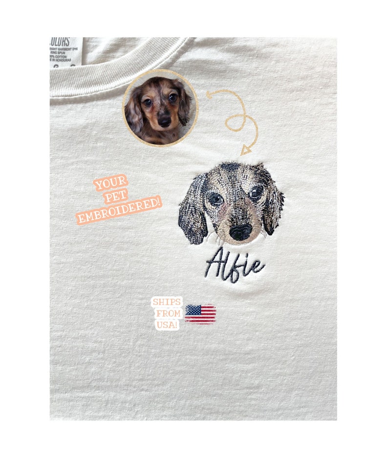 Custom embroidered pet tshirt directly from your pets photo gifts for pet lovers your pet embroidered on a tshirt custom pet embroidery