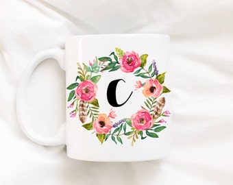 Initial mug.Monogram.Floral wreath.Personalized gift.coffee cup.coffee.mug.Coffee mug.Coffee cup