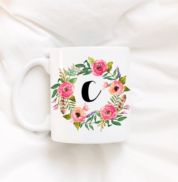 Monogram Illustrated Wreath Coffee Mug Initial Mug With Illustrated Wreath  Personalized Coffee Mug 
