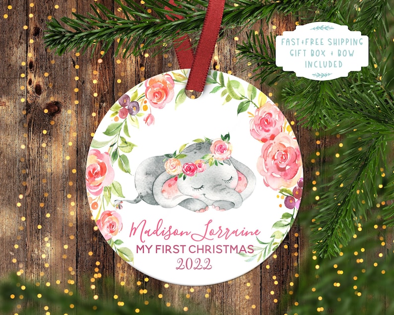 Baby's FIRST Christmas ornament.Baby Elephant..Christmas ornament.Personalized christmas ornament.Baby's first Christmas. image 1