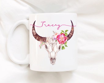 Chic bull skull/cute coffee mug/skull mug/chic mug/coffee mug/personalized