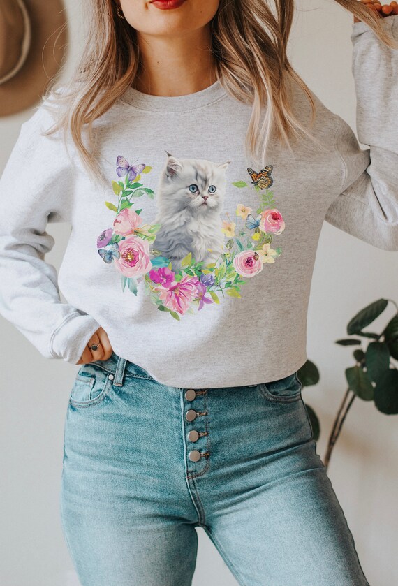 vintage cat × fish × flower sweat Cat Floral Crewneck Sweatshirt, Vintage Style Cat Sweatshirt