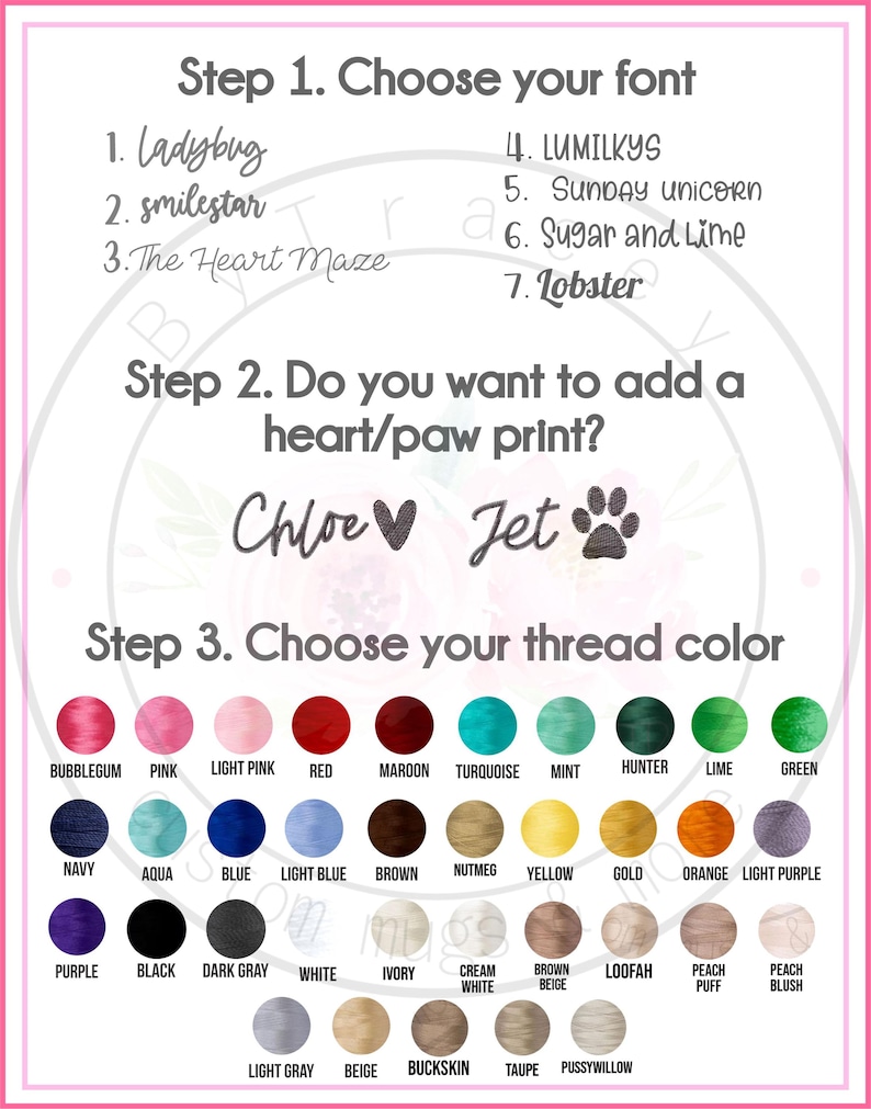Op de afbeelding: Een tabel met instructies voor het personaliseren van een geborduurd item. De tabel bevat lettertype-opties, waaronder Ladybug, Smilestar, The Heart Maze, LUMILKYS, SUNDAY Uunicorn, Sugar and Lime en Lobster. Er wordt ook gevraagd of je een hart- of pootprint wilt toevoegen en er wordt een kleurenkaart met garenopties weergegeven.