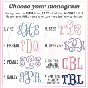 May include: A monogram style guide featuring eight distinct embroidery font options labeled 1 through 8. The text reads Choose your monogram, Monograms are FIRST initial, LAST initial then MIDDLE initial. Please leave FULL name to ensure there isn't any confusion.