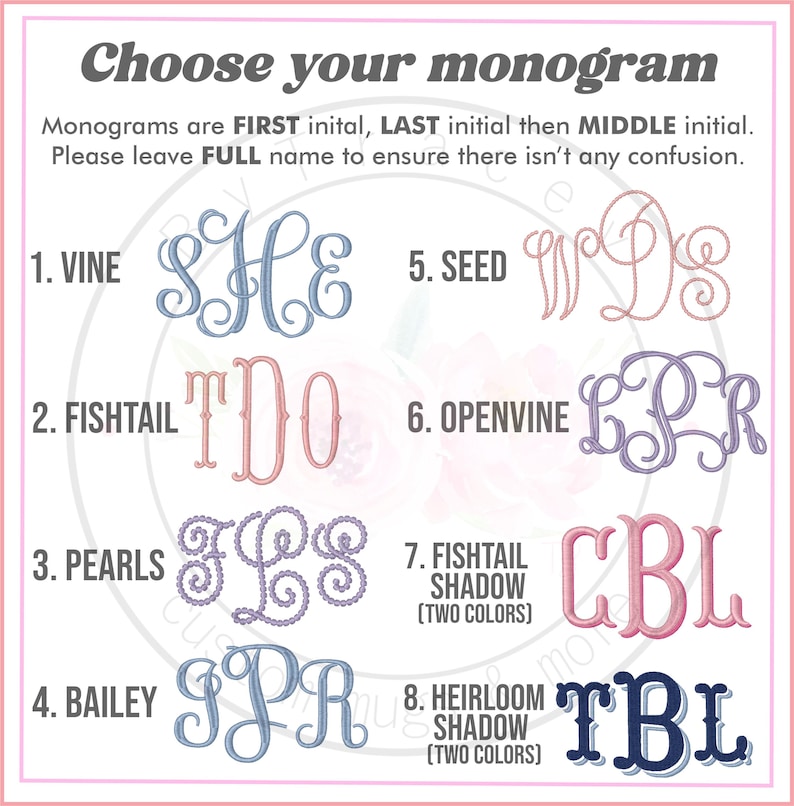 May include: A monogram style guide featuring eight distinct embroidery font options labeled 1 through 8. The text reads Choose your monogram, Monograms are FIRST initial, LAST initial then MIDDLE initial. Please leave FULL name to ensure there isn't any confusion.