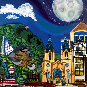 4" x 6" Magnetic Framed Print- Star City by Moonlight- Abstract Landscape of Roanoke, VA