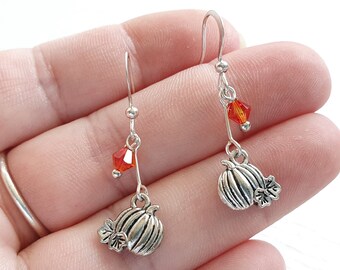 Pumpkin and Swarovski Crystal Elements Earrings - Tibetan Silver Pumpkin Earrings - Customisable Dangly Earrings - Gift for Her