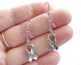 Hope Ribbon and Swarovski Crystal Elements Earrings - Tibetan Silver Hope Ribbon Earrings - Customisable Dangly Earrings - Gift for Her