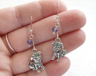 Puppy Dog and Swarovski Crystal Elements Earrings - Tibetan Silver Puppy Dog Earrings - Customisable Dangly Earrings - Gift for Her