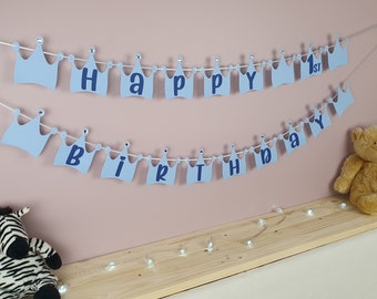 Happy Birthday Blue Crown Paper Banner - Boys Birthday Bunting - Celebration Garland - Customisable Birthday Decor