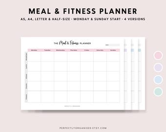 Peut inclure: Un planificateur de repas et de remise en forme imprimable avec une mise en page hebdomadaire. Le planificateur comporte des colonnes pour le lundi au dimanche et des lignes pour le petit-déjeuner, le déjeuner, le dîner, les collations et l'exercice. Le planificateur est disponible en quatre tailles : A5, A4, Lettre et Demi-taille. Le planificateur est disponible avec un début le lundi ou le dimanche.