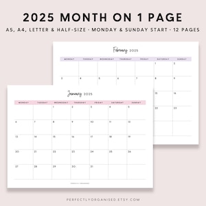 Planificador mensual de 2025 en una página, insertos mensuales de 2025, calendario mensual de 2025, pastel, tamaño A5, tamaño A4, carta, IMPRIMIBLE