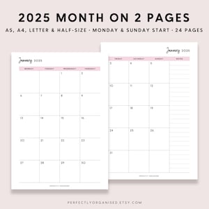 Mes 2025 en 2 páginas / Planificador mensual 2025, Inserciones mensuales 2025, Calendario mensual, Pastel, A5 Carta A4 de tamaño medio IMPRIMIBLE