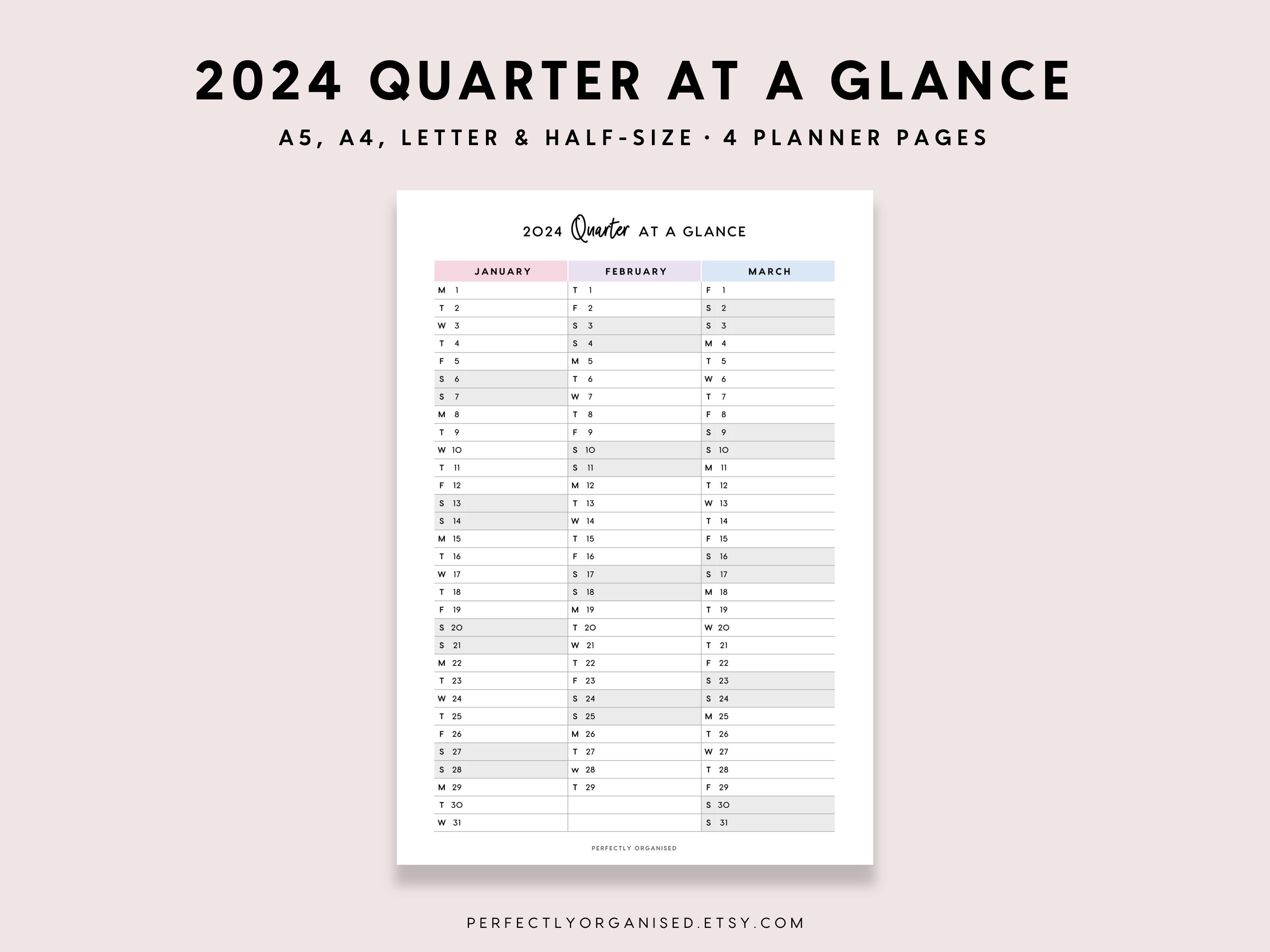 PRINTABLE 2024 Quarter at A Glance 2024 Quarterly Overview, 3 Month  Overview, 2024 Calendar, Pastel A5 Half-size A4 Letter - Etsy