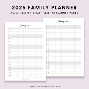 Planificador familiar 2025 / Calendario familiar 2025, Planificador mensual 2025, Calendario mensual 2025, Clásico, A5 Carta A4 de tamaño medio IMPRIMIBLE