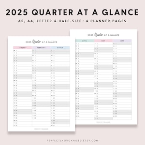 Resumen trimestral de 2025 / Resumen trimestral de 2025, Resumen de 3 meses, Calendario 2025, Pastel A5 Carta A4 de tamaño medio IMPRIMIBLE