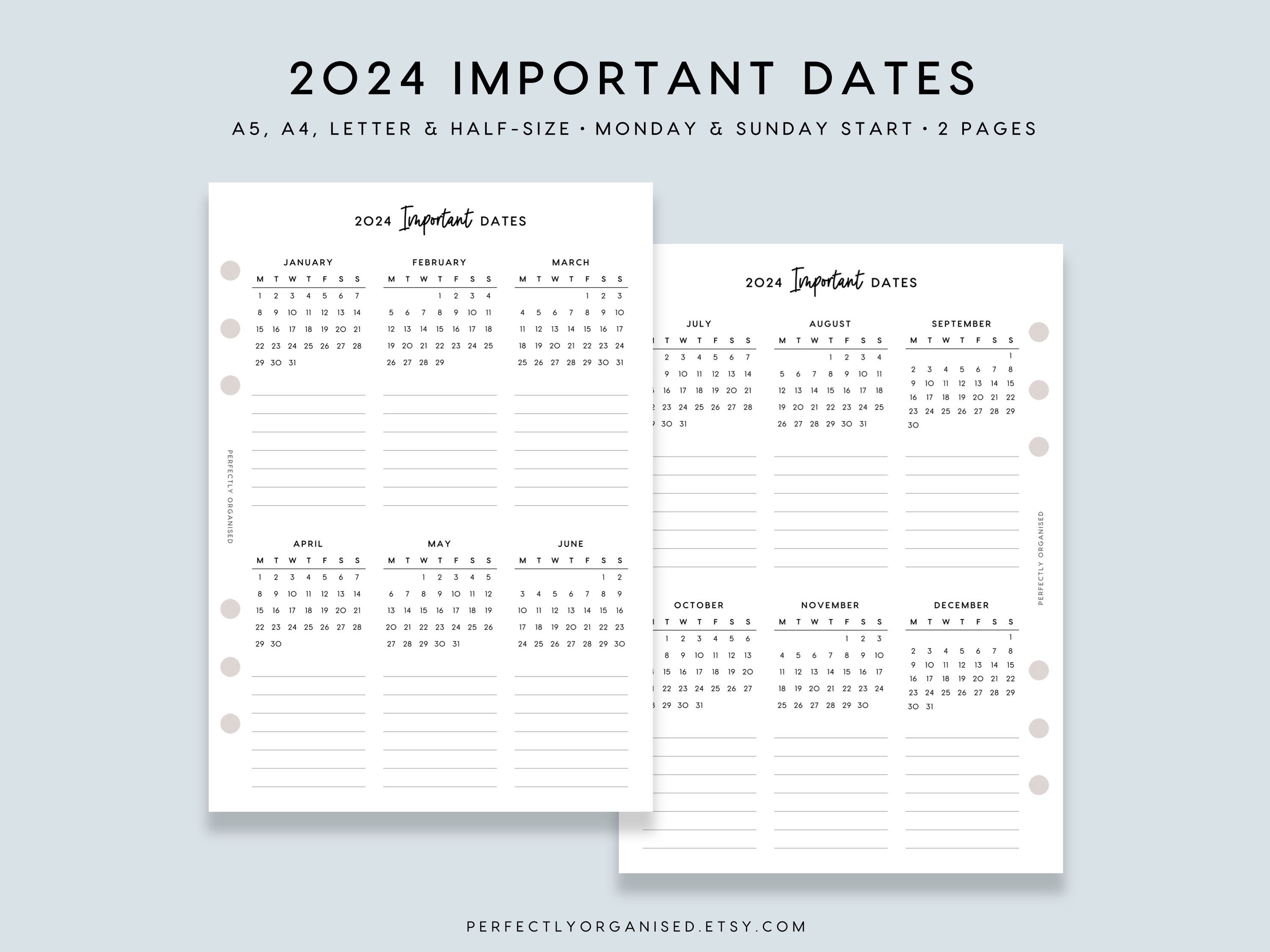 PRINTABLE 2024 Important Dates 2024 Monthly Dates Overview Etsy