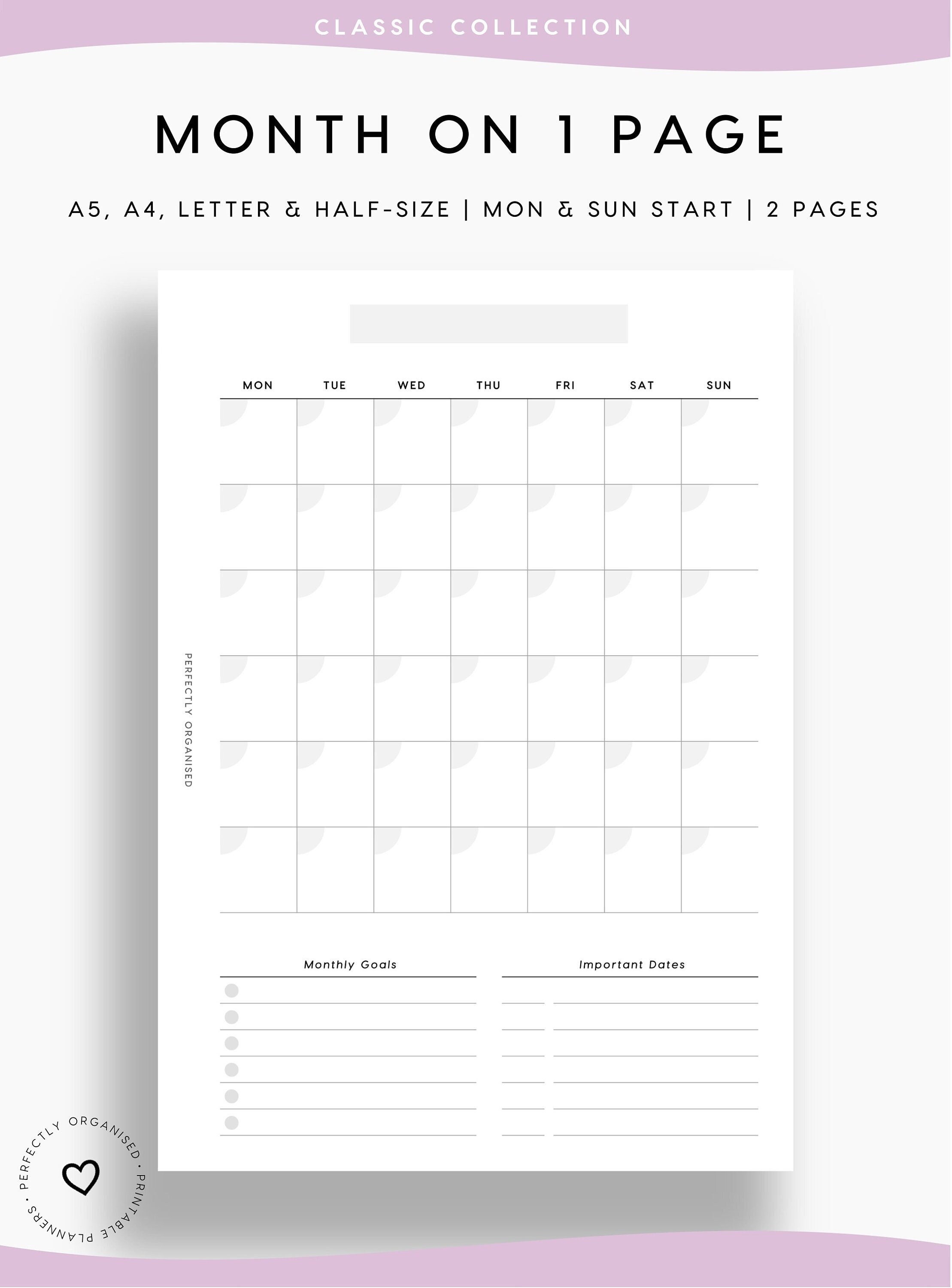 printable undated month on 1 page monthly calendar undated etsy