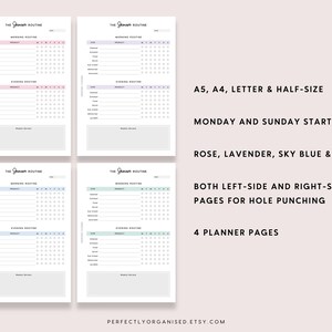 May include: Four printable planner pages in rose, lavender, sky blue, and mint colors. The pages are designed for a daily routine with sections for morning and evening routines. The pages are labeled "The Daily Routine" and include a grid for tracking habits. The pages are available in A5, A4, letter, and half-size formats. The pages are designed for Monday and Sunday start weeks and have both left-side and right-side pages for hole punching.