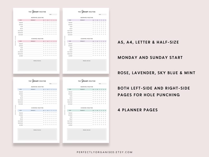 May include: Four printable planner pages in rose, lavender, sky blue, and mint colors. The pages are designed for a daily routine with sections for morning and evening routines. The pages are labeled "The Daily Routine" and include a grid for tracking habits. The pages are available in A5, A4, letter, and half-size formats. The pages are designed for Monday and Sunday start weeks and have both left-side and right-side pages for hole punching.