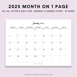 Mes 2025 en 1 página / Planificador mensual 2025, Inserciones mensuales 2025, Calendario mensual 2025, Clásico, A5 Letra A4 de tamaño medio IMPRIMIBLE