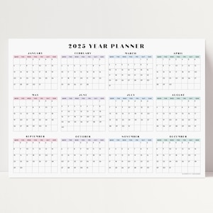 2025 Year Planner 4 | 2025 Large Wall Calendar, 2025 Year Calendar, 2025 Horizontal Calendar, Pastel, A1 A2 18x24 24x36 30x40 Size PRINTABLE