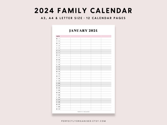 STAMPABILE Calendario familiare 2024 / Planner familiare 2024 stampabile,  Calendario da tavolo 2024, Calendario mensile 2024, Pastello, Lettera A3 A4  -  Italia