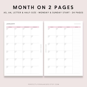 Mes en 2 páginas / Planificador mensual sin fecha, Inserciones mensuales, Calendario mensual, Clásico, A5 Carta A4 de tamaño medio IMPRIMIBLE