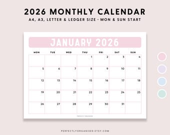 May include: A 2026 monthly calendar with a pink header that says "January 2026". The calendar grid is white with black numbers and lines. The calendar includes the days of the week, starting with Monday.