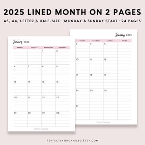 2025 Mes forrado en 2 páginas / Planificador mensual 2025, Calendario mensual 2025, Inserciones mensuales, Pastel, A5 Carta A4 de tamaño medio IMPRIMIBLE