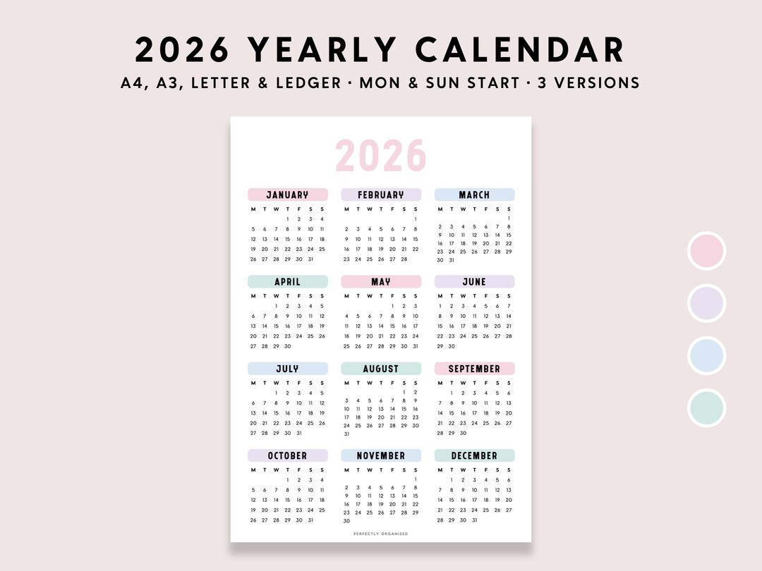 2026 Jahreskalender zum Ausdrucken: Pastell Jahresplaner (A4 A3 Letter