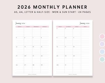 2026 Monthly Planner Printable: Lined Month On 2 Pages (A5 A4 Letter PDF)