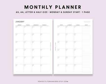 Monthly Planner Printable: Month On 2 Pages (A5 A4 Letter PDF)