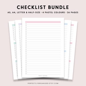Checklist Bundle | List Making, To do list, Task list, Master To-Do List, Daily To Do, Pastel, A5 A4 Half-size Letter PRINTABLE