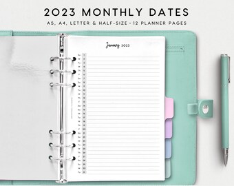 PRINTABLE 2023 Monthly Dates | 2023 Overview, 2023 Important Dates, 2023 Vertical Calendar, Classic, A5 Half-size A4 Letter