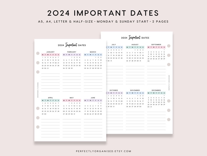 PRINTABLE 2024 Important Dates 2024 Monthly Dates Overview - Etsy