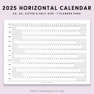 Calendario orizzontale 2025 / Pianificatore pieghevole 2025, Calendario pieghevole 2025, Classico, Lettera A4 di mezza misura A5 STAMPABILE