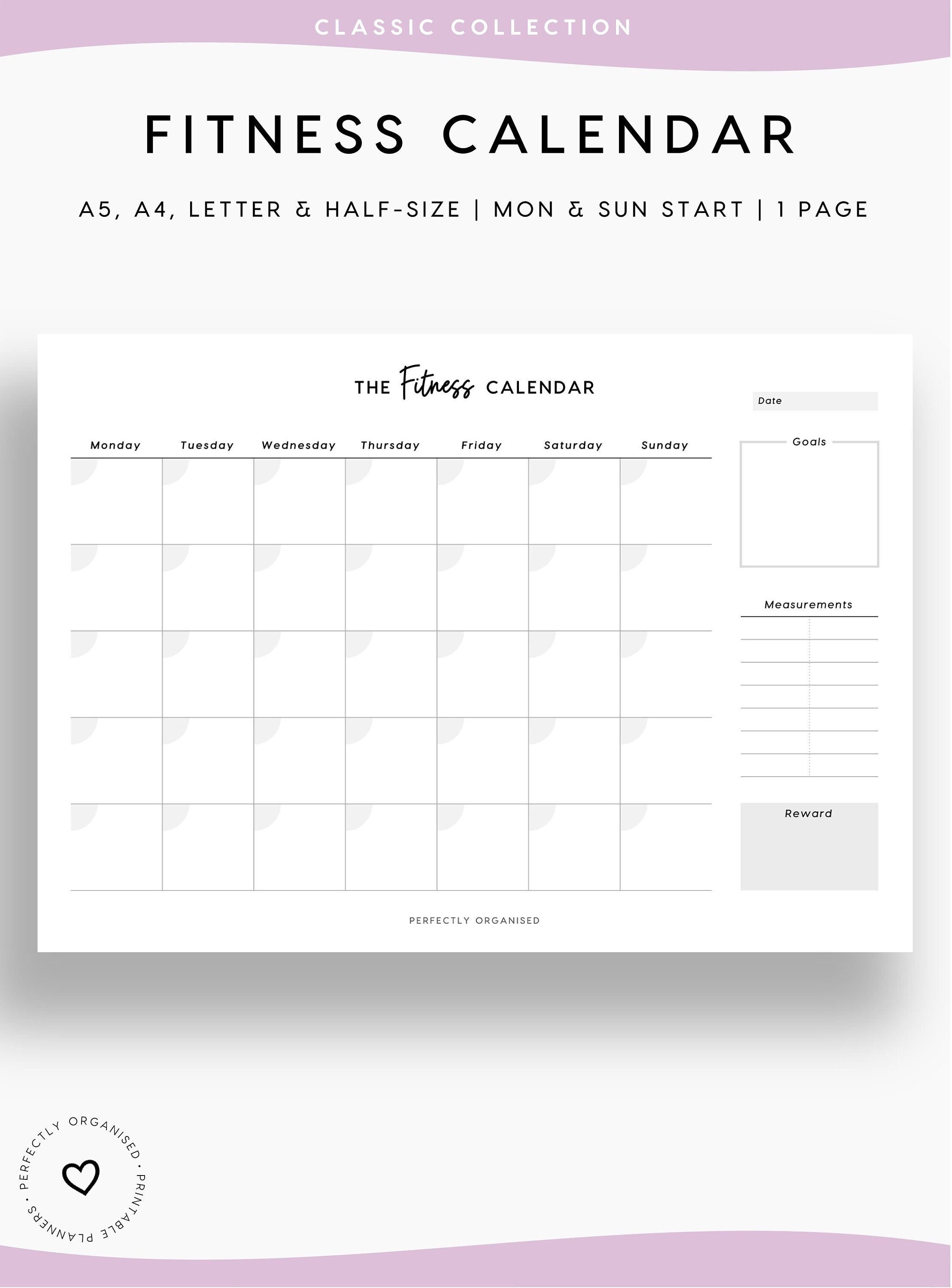 PRINTABLE Fitness Calendar Monthly Workout Calendar Monthly Etsy