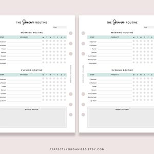 May include: A printable skincare routine planner with sections for morning and evening routines. The planner includes a list of skincare steps, a space to write in the product used, and a grid to track usage for each day of the week.