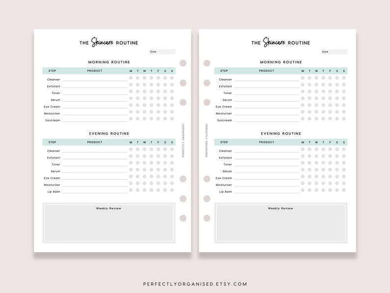 May include: A printable skincare routine planner with sections for morning and evening routines. The planner includes a list of skincare steps, a space to write in the product used, and a grid to track usage for each day of the week.