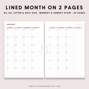 Lined Month On 2 Pages | Undated Monthly Planner, Monthly Inserts, Monthly Calendar, Classic, A5 Half-size A4 Letter PRINTABLE