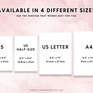May include: A white card with the text "AVAILABLE IN 4 DIFFERENT SIZES" and "USE THE VERSION THAT WORKS BEST FOR YOU". The card is divided into four sections, each showing a different paper size: A5, US Half-Size, US Letter, and A4. Each section lists the size in inches and centimeters.